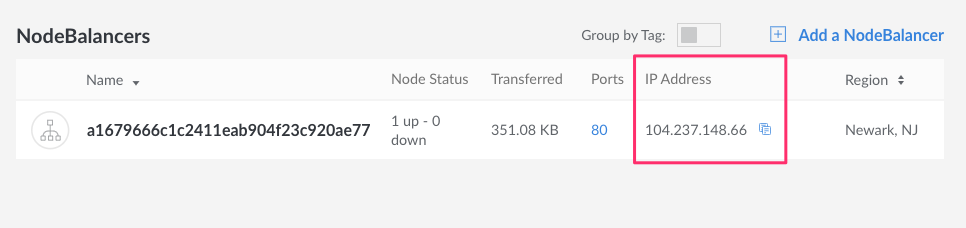 Find the IP address of the NodeBalancer in Cloud Manager