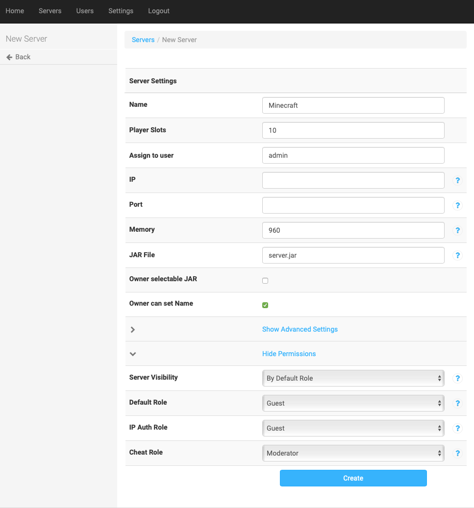 Multicraft Server Settings.