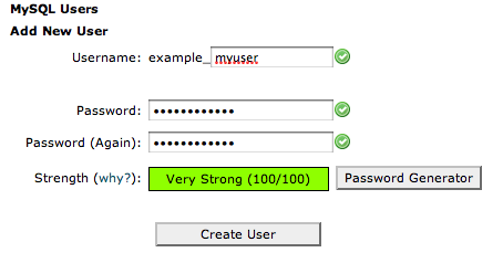 cPanel manage databases screen.